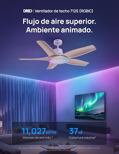 Dreo Low Profile Smart Ceiling Fan with Light 52", Dimmable LED with Adjustable Color Temperature, RGB Ambient Lighting, Quiet DC Motor, Easy Installation, APP, White