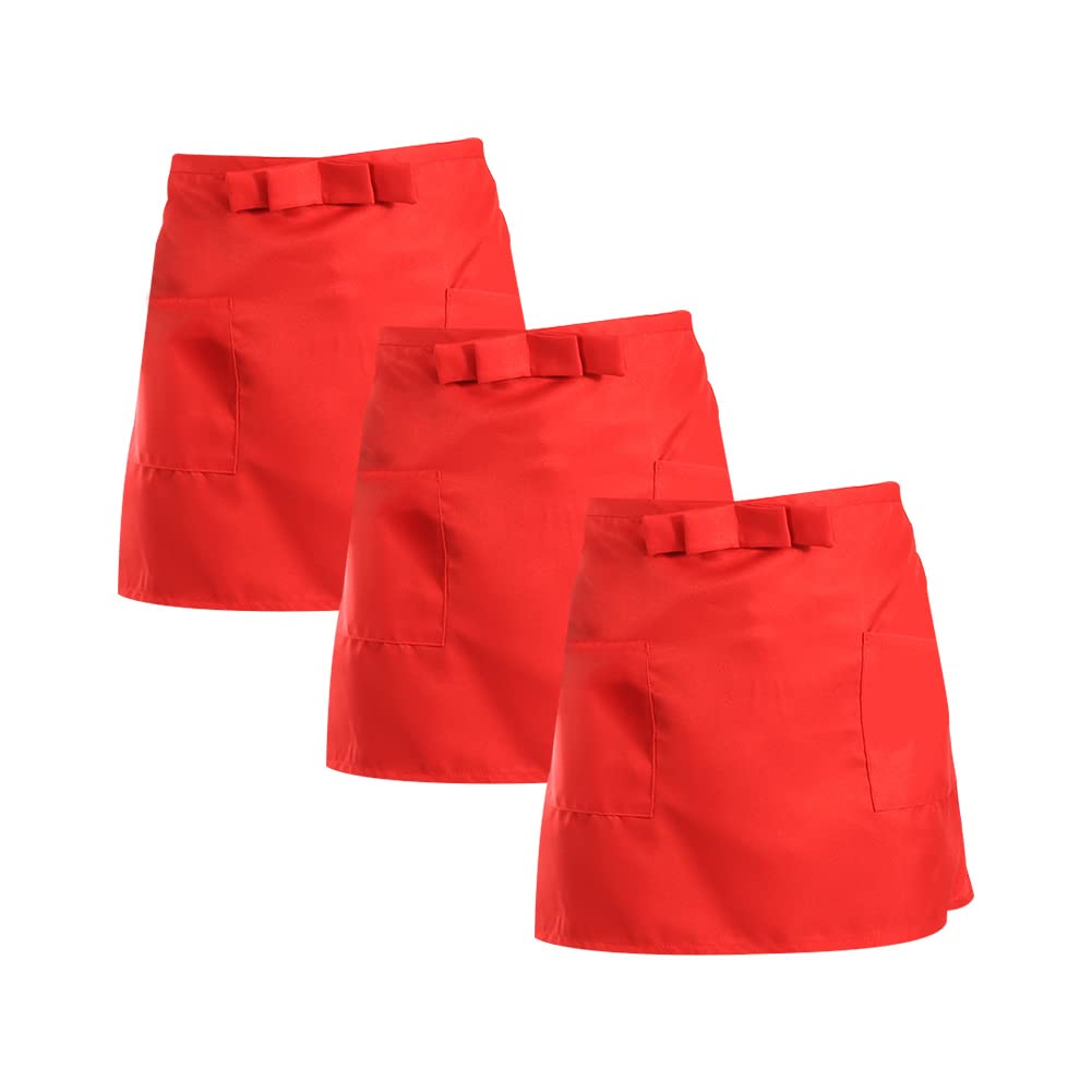Jenngaoo 3 Pack Waist Aprons for Women & Men, Red - Heavy Duty Bistro Half Aprons with Deep Pockets (2 Pockets), Chef Waiter Server Apron for Restaurant, Kitchen & Catering