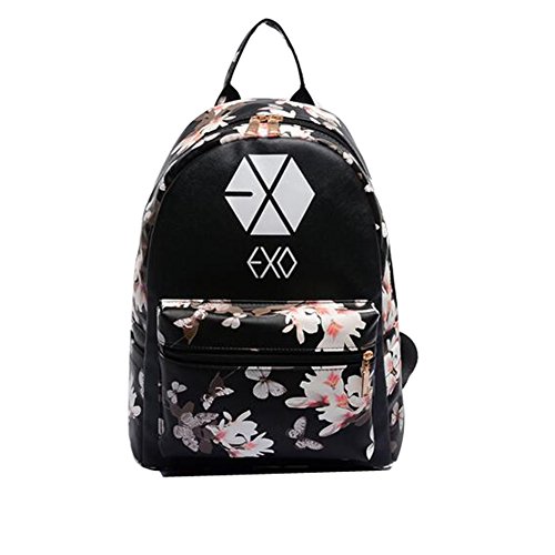 Women Girl's Flower Floral Cute Kpop Exo Pu Leather Backpack School Book Bags Shoulder Bag (Black)