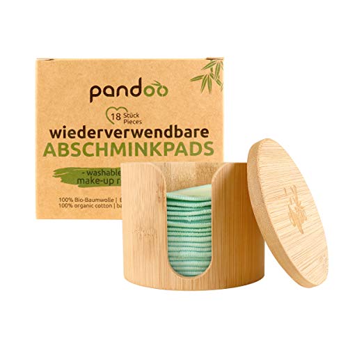 Pandoo Wiederverwendbare Und Waschbare Wattepads Aus Bio-Baumwolle | Reusable Kosmetikpads, Make Up Entferner Pads | Umweltfreundliche Abschminkpads | 18 Stück Inkl. Waschbeutel Und Bambus-Box