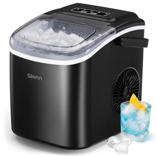 Silonn Eiswürfelmaschine, Eiswürfelbereiter 12 kg/24h, 9 Eiswürfel in 6 Min, 2 Größen, Selbstreinigend, leise Mini Eiswürfelmaschinen für Küche, Büro,