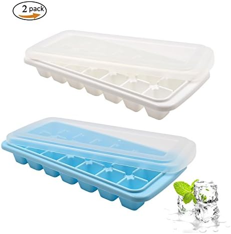 Ice Cube Trays 2 Pack -Flexible Release Plastic Ice Tray with Lids, Food Grade Safe &amp; BPA Free Ice Cube Mold Storage Containers for Cocktail, Whiskey, Juice and More (White &amp; Blue)