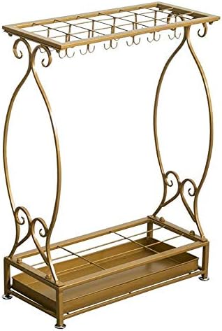 LINrxl Umbrella Holder With Removable Drip Tray And Hooks,Antique Metal Umbrella Stand Free Standing,Industrial Umbrella Rack For Home Office Entry Hallway Patio Decor/Gold