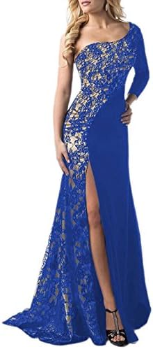 Scecent Women's Sexy One Shoulder Side Slit Lace Maxi Prom Evening Dress(please select one size small er)