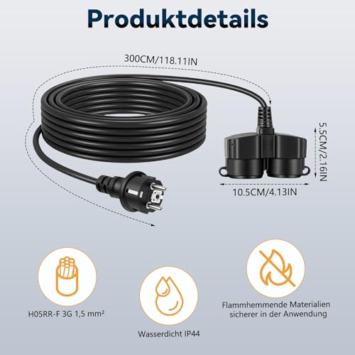 BOSYTRO Power Extension Cord, Waterproof Outdoor Plug with 2 Outlets and Dust Covers, Extension Plug for Indoor and Outdoor Max 3500W 16A 250V IP44 Cable