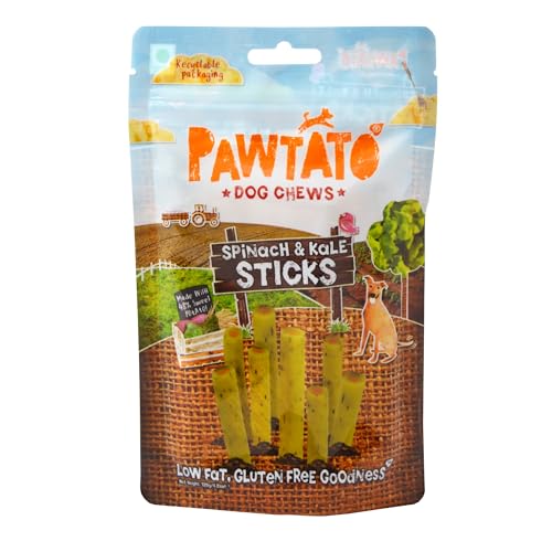 Pawtato Vegan Dog Sticks - Spinach & Kale (12 x 120g) – Hypoallergenic Low Fat, Plant-Based Chews for Training & Reward | Sweet Potato & Rice Rawhide-Free Treats
