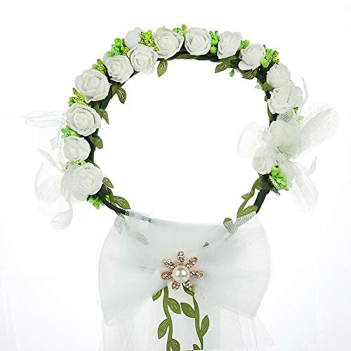 Flower Crown White Girls Headpiece,Women's Flower Festival Wedding - Headband Flower Crown Hair Wreath Halo With Adjustable Ribbon - Thumbnail 4