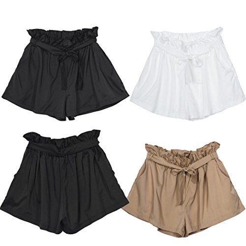 BSGSH Women Shorts Casual High Waist Casual Frill Loose Self-Tie Belted Shorts With Pockets (S, Khaki)