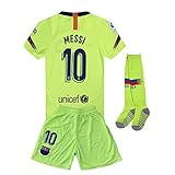 CRONMSI 2018-2019 Away Messi #10 Barcelona Kids Youth Soccer Jersey & Shorts & Socks Green