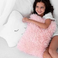 Set of 2 Decorative Throw Pillows for Baby Girls, Kids. Star Furry White w/ Cute Embroidered Sleeping Face and Fluffy Pink Faux Fur, Soft and Plush - For Crib - Nursery Toddler or Teen Bedroom Décor