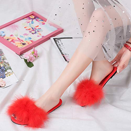 Plush Slippers for Women，Londony Soft Plush Fleece House/Outdoor Slippers Memory Foam Slip On Anti-Skid Sole Red - Thumbnail 4