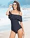 Funnygirl Womens Solid Color Swimsuit Flounce Off Shoulder with Removable Strap one Piece Ruffles Beach Swimwear Bathing Suit Black Medium