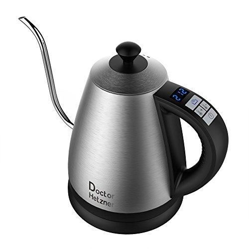 Click Here to See More Images Electric Gooseneck Kettle with Preset Variable Heat Settings for Drip Coffee and Tea, Quick Boil, Stainless Steel with LCD Display, Auto Shut-off, Keep Warm Function & Strix Controller
