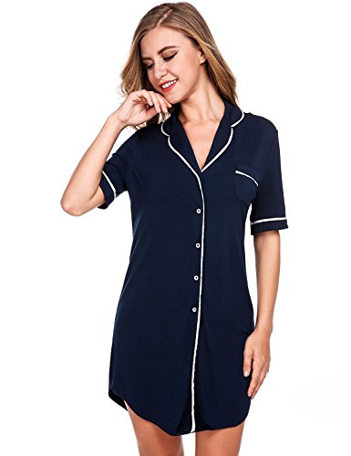 Sweetnight Women's Cotton Nightshirt Boyfriend Style Sleepshirt (L, Blue)