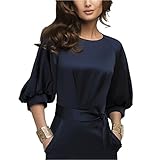Omine Womens Lantern Sleeve Navy Blue Wear to Work With Belt Dress
