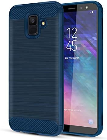 Samsung Galaxy A6 2018 Case W/HD Screen Protector Carbon Fiber Soft TPU Brushed Texture Elastic Full-Body Rubber Heavy Duty Protective case, Navy