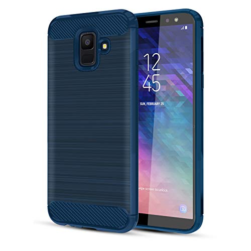Samsung Galaxy A6 2018 Case W/HD Screen Protector Carbon Fiber Soft TPU Brushed Texture Elastic Full-Body Rubber Heavy Duty Protective case, Navy