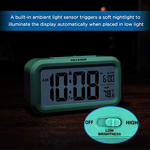 Peakeep Smart Night Light Digital Alarm Clock with Indoor Temperature, Battery Operated Desk