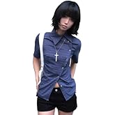Vintage Plaid Casual Shirt Women Short Sleeve Y2k Harajuku Tops 2000s Shirt Irregular Retro Slim Fit Blouses