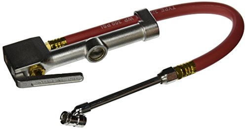 K Tool International 89002 Tire Inflator Gauge with Dual-Head Chuck for Garages, Repair Shop and DIY, 15" Air Hose, 1/4" NPT, 10 to 120 PSI, Chrome Plated Head, Weather Proof Aluminum Body, Angled Tip