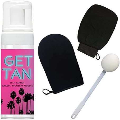 Get Tan Natural and Organic Self Tanner Sunless Tanning Kit Includes 8 Ounce Foam Mousse, Plush Microfiber Applicator Mitt, Premium Exfoliator Mitt, and Back Applicator