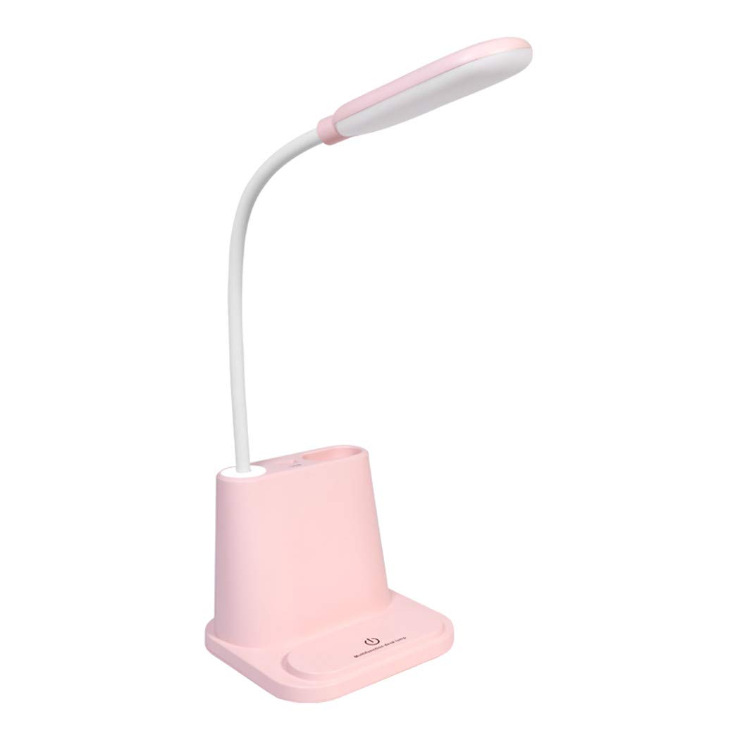 Fantes USB Rechargeable LED Table Desk Lamp with USB Output Port, Pen Holder, 2 Light Modes Dimmable 360° Flexible Hose for Child Students College Dorm Bedroom Reading (Pink)