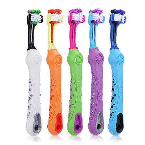OUTFANDIA Triple Dog Toothbrush, Pet Tooth Brush with Soft Bristle, Dog Dental Care, Cleaning Tartar, Reducing Accumulation of Plaque, Easy to Grasp, 5 pcs