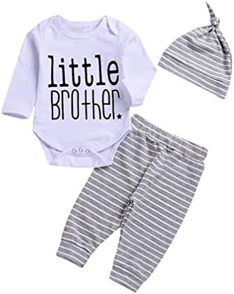 Newborn Boy Autumn Sets,Jchen(TM) 3PCS Toddler Infant Baby Boy Letter Little Brother Print Romper+Stripe Pants+Hat Sets for 0-24 Months (Age: 0-6 Months)