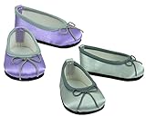 18 Inch Doll Dress Shoes| Purple Shoes, Silver Shoes, 2 Pair Set Fits 18 Inch American Girl Dolls |Dress Satin Slip on Doll Shoes, 1 Lavender 1 Pr. Silver Dressy Doll Shoes