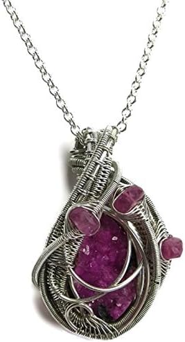 Pink Cobaltoan Calcite Druzy and Sterling Silver Wire-Wrapped Pendant with Pink Tourmaline