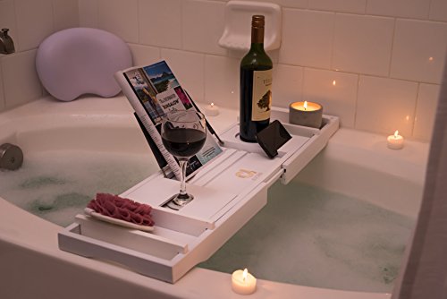 Adorn Home Essentials ADORN Bamboo Bathtub Caddy Bath Tub Tray | Waterproof/Washable Bath Pillow with Suction Cup | White | Expands up to 43"