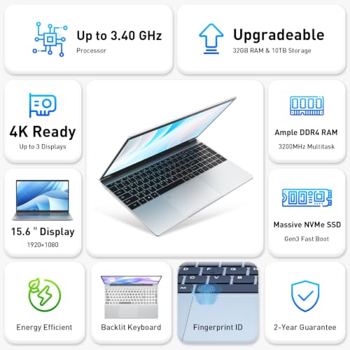 Auusda Business Laptop Computer for Work, Notebook PC for College Students, 15.6" FHD Display, Up to 3.4GHz CPU, Backlit Keyboard, Fingerprint ID, Up to 10TB Storage, 16GB DDR4 RAM, 1TB NVMe, Silver