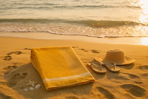 SweetNeedle Topical Palm Beach Towels for Adults, Pack of 2, Golden and Bright Yellow, 100% Ring-Spun Cotton Towel, Quick Dry, Low Fluff, Super