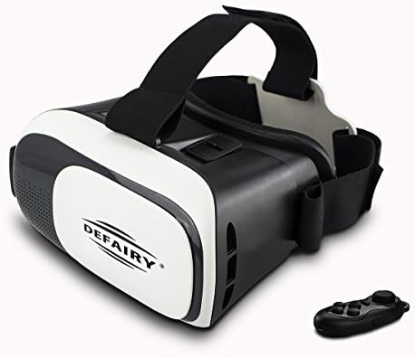 DEFAIRY Plastic Big FOV VR Headset Virtual Reality Headset VR Helmet Google Cardboard 2 for Video Games for iPhone 6 Plus Samsung Galaxy Note 4 LG G3 HTC Moto &amp; Bluetooth Remote Control,Black/White