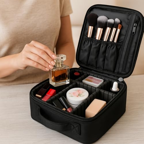 Maleta Necessaire Profissional para Maquiagem 25 x 23 x 10 cm Preta, com Divisórias Ajustáveis Porta Pincéis Impermeável Ideal para Viagem