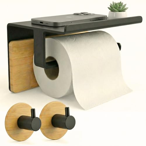 BYSER Adhesive Toilet Paper Holder with Shelf + 2 Hooks, Black Stainless Steel and Bamboo, Toilet Paper Holder Wall Without Drill, with Modern Bathroom Accessories