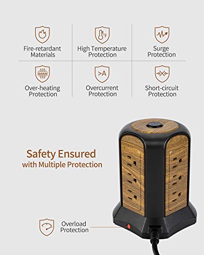 Power Strip Tower Surge Protector, Desktop Charging Station, 10 Ft Extension Cord, 9 Outlets, 4 USB Ports, 1080 Joules, 3-Prong, Grounded, Multiple Protections for Home, Office, Deep Brown
