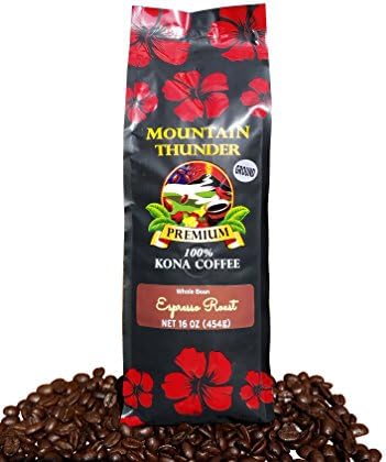 100% Kona Coffee Espresso Roast - 1 Pound Premium Gourmet Ground by Mountain Thunder Coffee Plantation