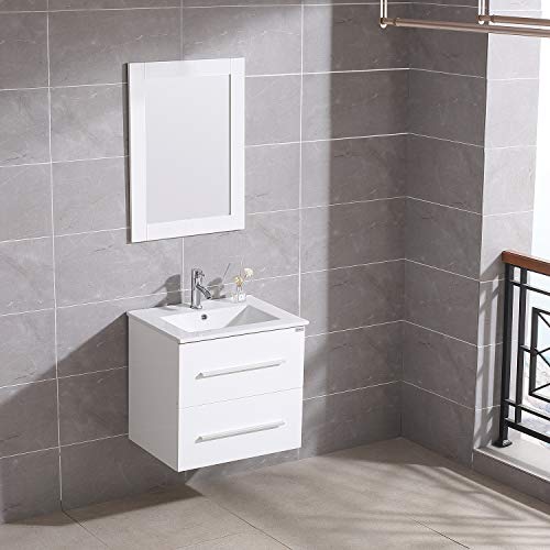 Walnest 24" White Bathroom Vanity and Sink Set Wall Mounted 2 Drawers Storage Cabinet with Ceramic Vessel Basin Chrome Faucet and Mirror Combo