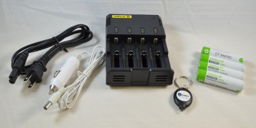 NITECORE Intellicharger i4 Universal Automatic Smart Charger combo with 4 x EagleTac 3400mAh 18650 Rechargeable Li-ion Batteries, Car Power Adapter, and LightJunction LED Keychain Light