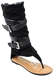 Bonita138 Kids Girls Faux Suede Dual Buckle Strappy Cuff Gladiator Mid Calf Thong Sandals