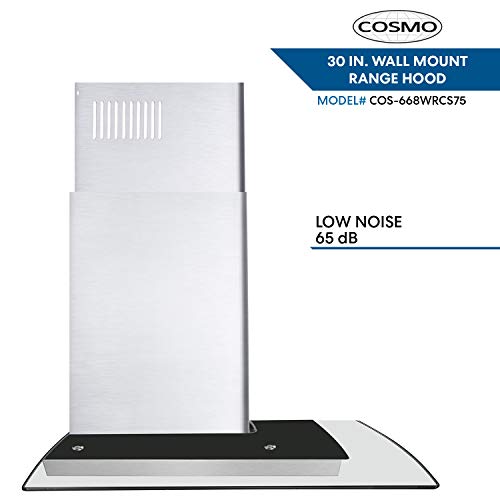 Cosmo 668WRCS75 Wall Mount Range Hood with Ducted Exhaust Vent, 3 Speed Fan, Soft Touch Controls