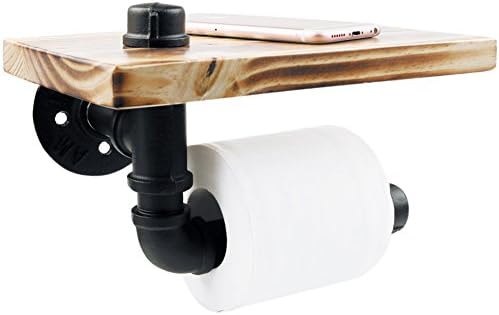 Toilet Roll Holder, Rustic Style Wall Mounted Toilet Paper Holder with Industrial Iron Pipe & Wooden Shelf