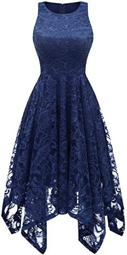 Bridesmay Women's Boatneck Sleeveless Elegant Floral Lace Asymmetrical Hanky Hem Cocktail Party Midi Dress