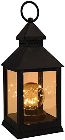 Lantern Lamp, LONAT 11" Country Style Black Rustic Warm Flameless Holder Hanging LED Light Lantern for Patio Garden Porch Decoration