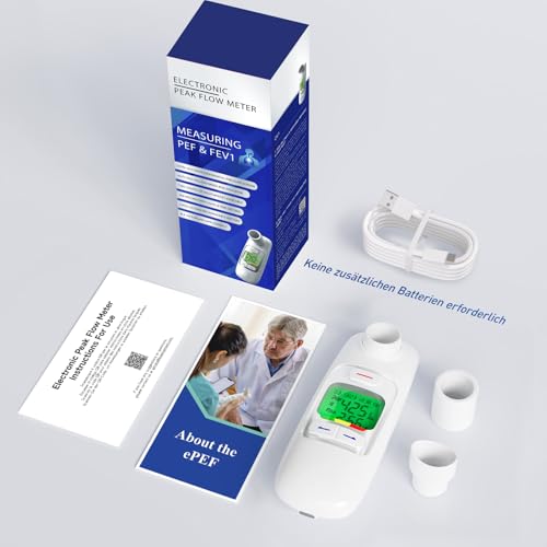 Peak Flow Meter with Bluetooth, App Analysis, PEF FEV1 Mssen, Rechargeable | 300 histotic data, 2 mouthpieces, red, yellow, green risk indicator, for asthma COPD, portable, monitoring lung function