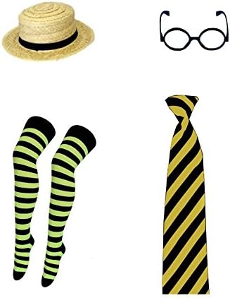 Yellow And Black School Girl Fancy Dress Costume Straw Boater Hat Tie Glasses Socks School Disco Outfit (RBFashionsClothing)
