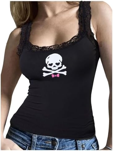 SOLY HUX Women's Y2k Gothic Graphic Cami Top Lace Trim Spaghetti