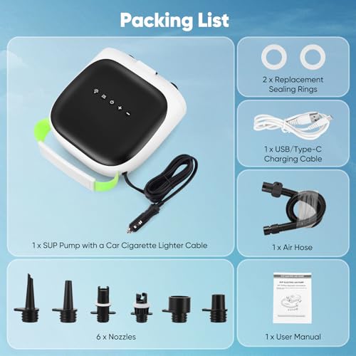 Inflador Electrico Paddle Surf,Bomba Eléctrica SUP 20PSI Doble Etapa Inteligente & Apagado Automático, 4000mAh & Luz LED, 6 Boquillas, Portátil Sin Cable para Kayak, Tienda, Colchón Hinchable, Piscina