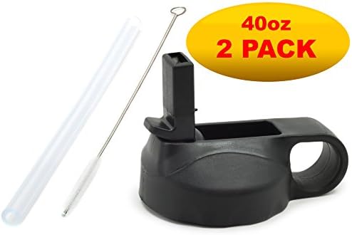2-PACK 40oz Black wide mouth straw lid cap + silicone straw + straw brush for Hydro Flask, Takeya ThermoFlask &amp; Fifty/Fifty bottles (Black, 2-PACK 40oz)